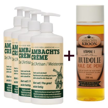 4x pomp 450ml Ambachtscreme + 1x Vitamine E Huidolie 200ml