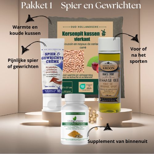 spier en gewrichtscreme, arnica sport massage olie, gewrichten formule, kersenpit kussen vierkant