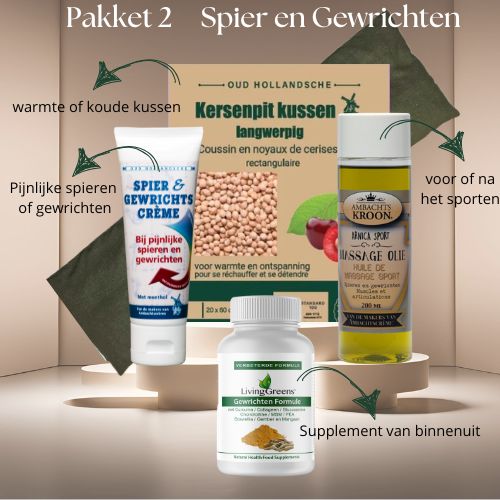 kersenpit kussen langwerpig, spier en gewrichtscreme 75ml, Arnica sport massageolie, Gewrichten formule