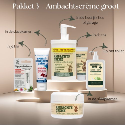 Ambachtscreme 75ml, 200ml, 1000ml, ambachtszeep, lippenbalsem en spier en gewrichtscreme 75ml