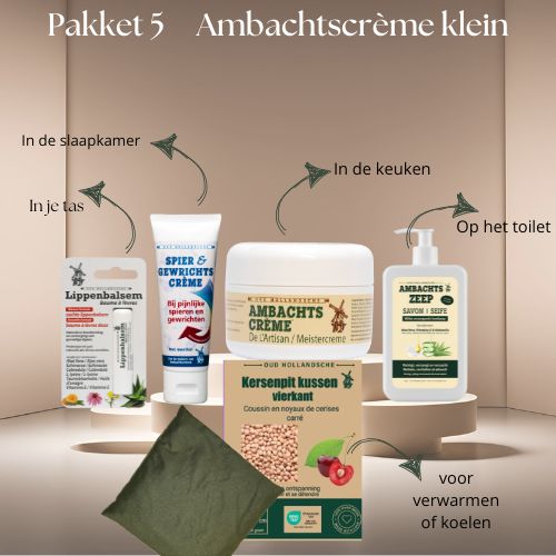 anbachtscreme 200ml, ambachtszeep 475ml, lippenbalsem, spier en gewrichtscreme 75ml, kersenpit kussen vierkant